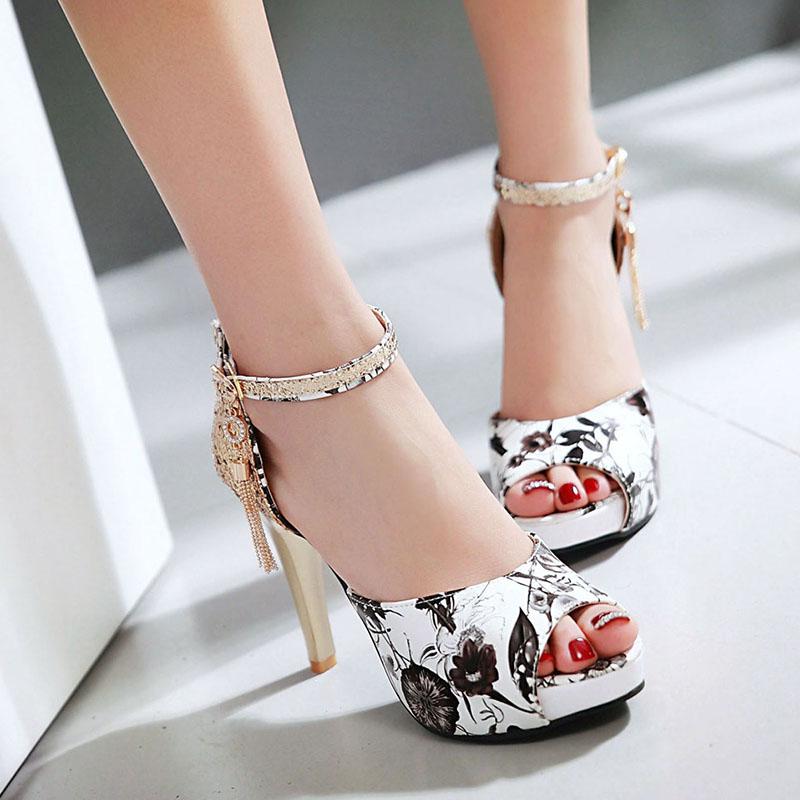 Women Summer Flower Print Shoes Fish Mouth High Heel Ladys Platform Sandals Evening Dress Wedding Shoes Femal Zapatos De Mujer