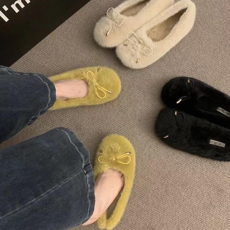 Gentle Fairy Wind Fluffy Shoes Female Outer Wear 2025 Autumn and Winter New Korean Version Soft-soled Cotton Shoes Flat-soled Velvet Doudou Shoes