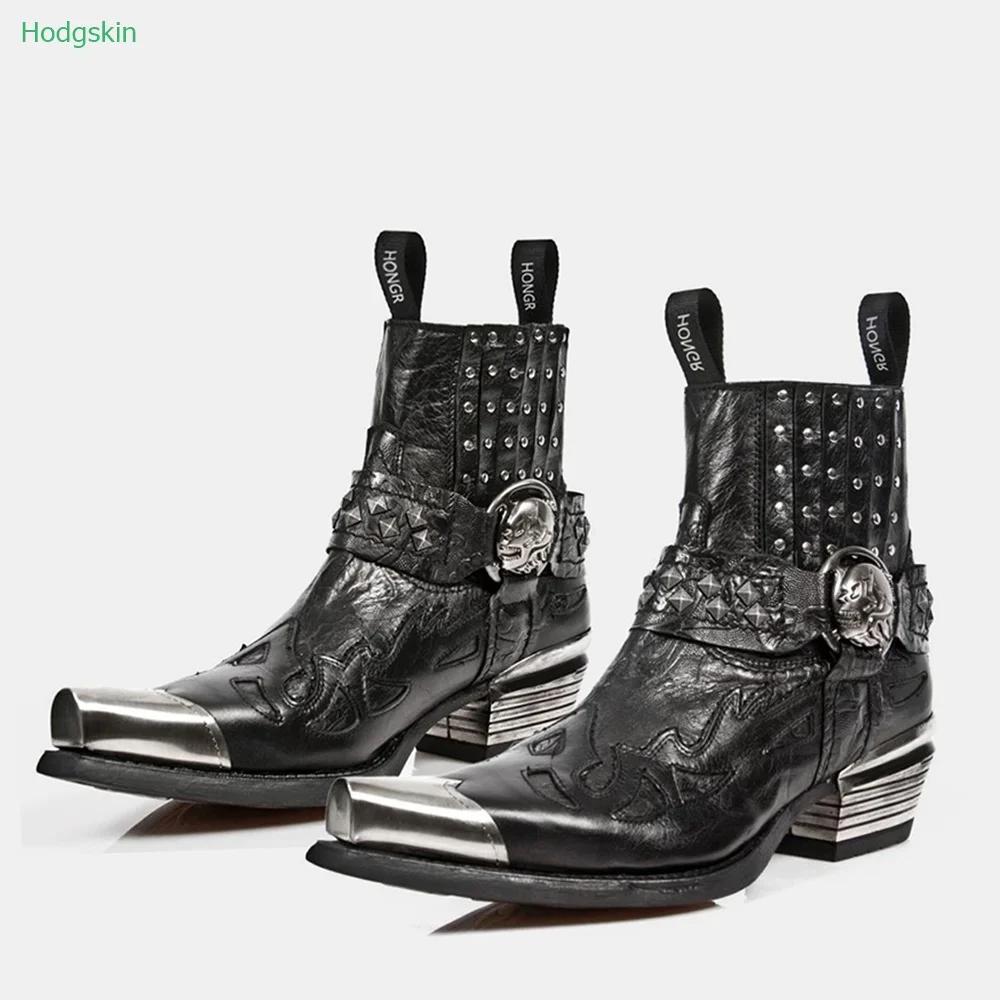 Cizme Chelsea de Toamnă cu Nituri Slip On, Decorațiune Metalică, Vârf Ascuțit, Cizme pentru Femei, Toc Gros cu Înălțime Mărită, Cizme Negre