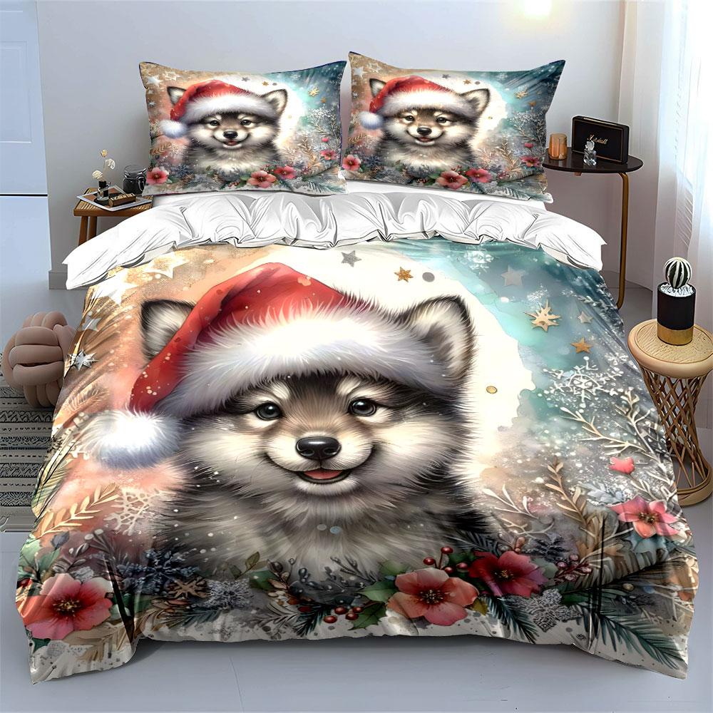 Cute Christmas Puppy with Flowers Bedding Duvet Cover Set Duvet Cover Pillowcases  (1*Duvet Cover 2*Pillowcases, Without Duvet Insert)