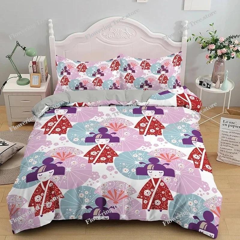 Japanese Doll Duvet Cover King Queen Lucky Cat Fan Bedding Set for Kids Girls Asian Japan Cultural Polyester Quilt Cover