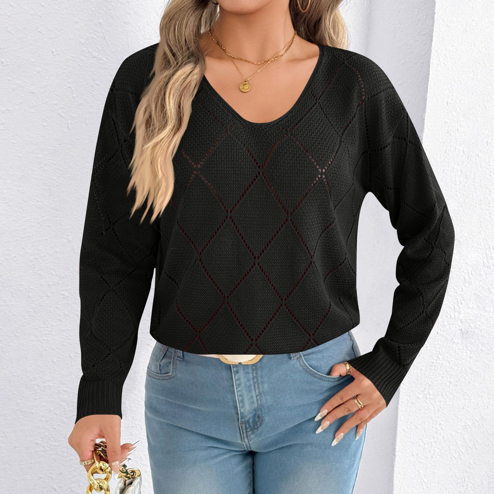 

Women s Fashion Solid Color V-Neck Plaid Knitted Sweater L