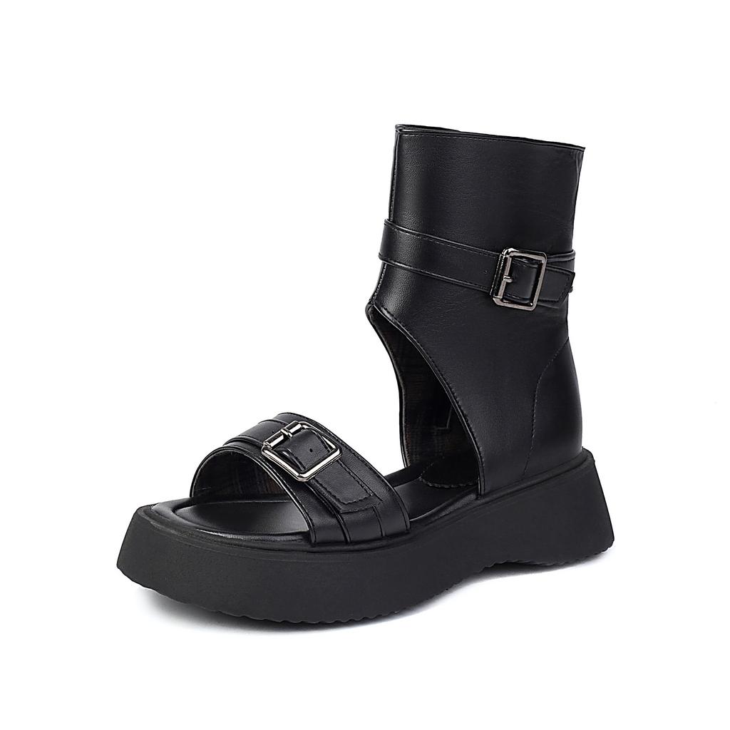 Spring and Summer Y Supply Is Comfortable, Medium Heel Thick Bottom Large Size Round Head Belt Buckle Women's Cool Boots