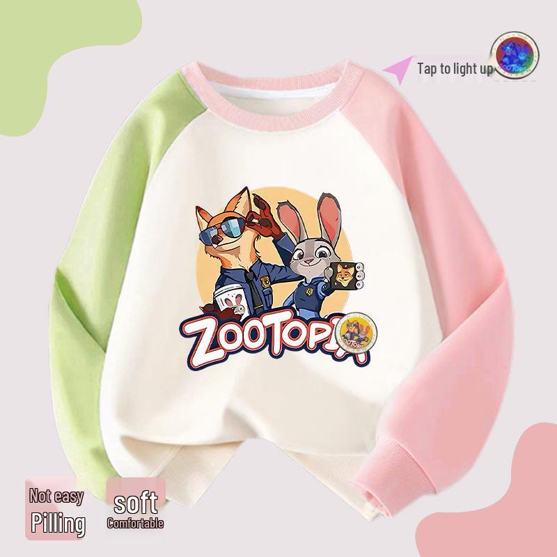 Girls' Zootopia Color Block Hoodie with Lights - Cotton, Raglan Sleeves, Striped, Thin/Plus Velvet, Autumn/Winter