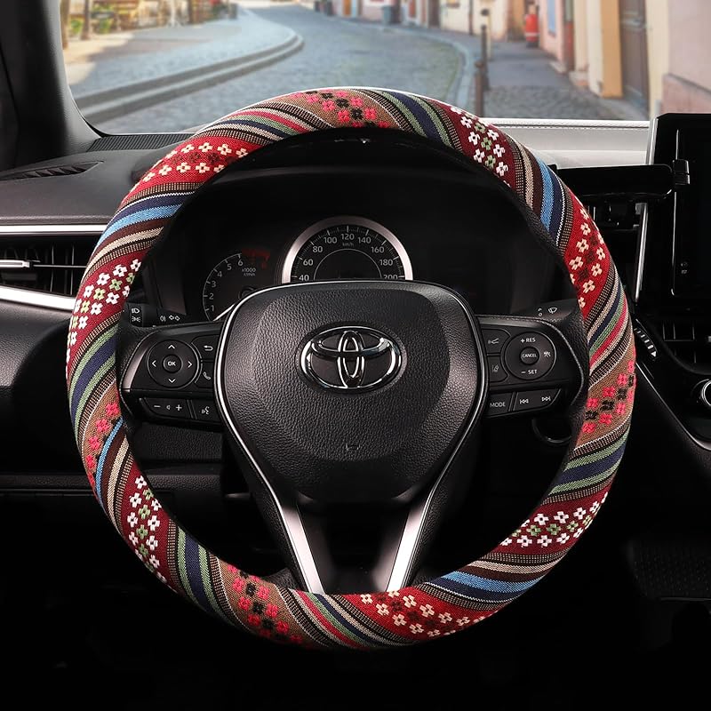 SEG Direct Boho Steering Wheel Cover With Baja Blanket Cloth, Ethnic Style Auto Wheel Cover Made Of Coarse Flax, Fits 14 1/2-15 1/4 Inches Car Wheel