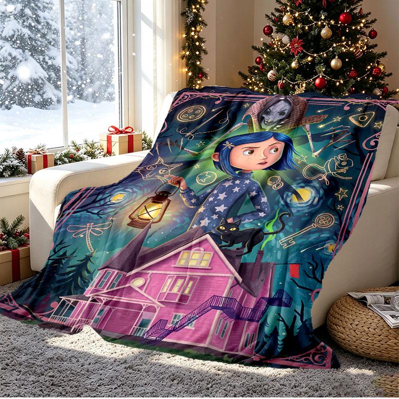Coraline Pattern Blanket for Home Decoration, Bed, Sofa, Car Travel, Camping, Suitable for All Seasons, Birthday Christmas Gift
