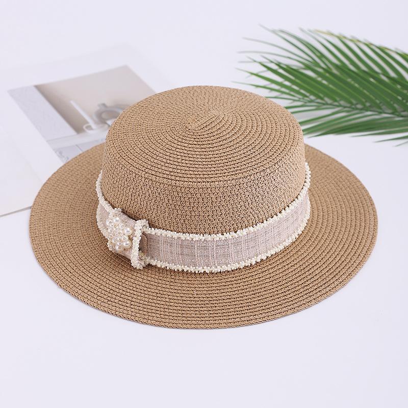 Summer Xiaoxiangfeng Flat Top Hat Ladies Elegant Pearl Rhinestone Sunshade Sunscreen Hat Travel Fashion Straw Hat Pearl