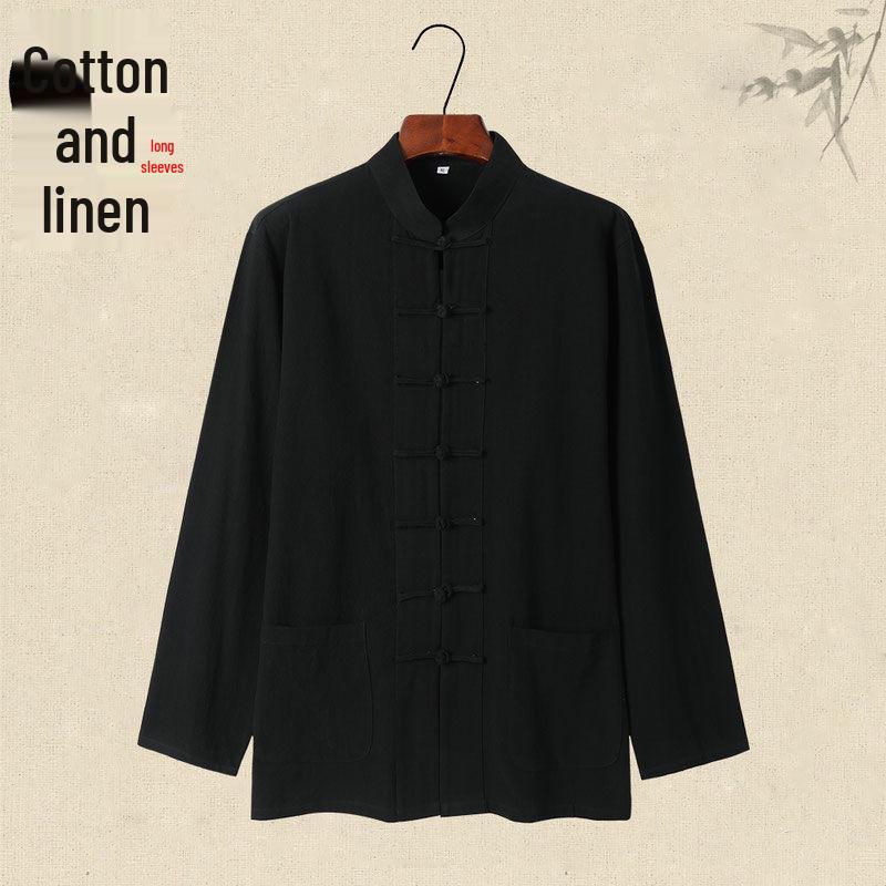 Pánský čínský zenový styl ledový hedvábí oblek Tang: Košile s dlouhým rukávem a stojáčkem