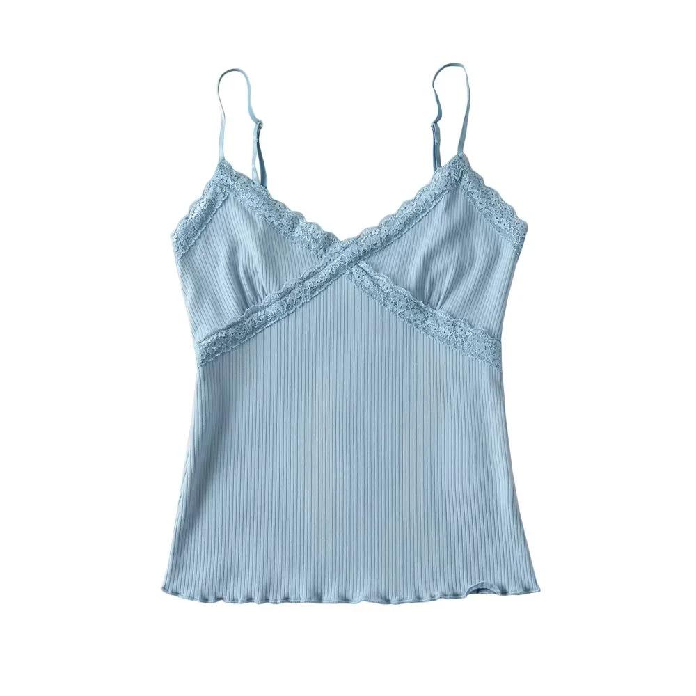 Summer 2023 Lace Trim V-Neck Stretchy Bodycon Camisole Tank Top for Women