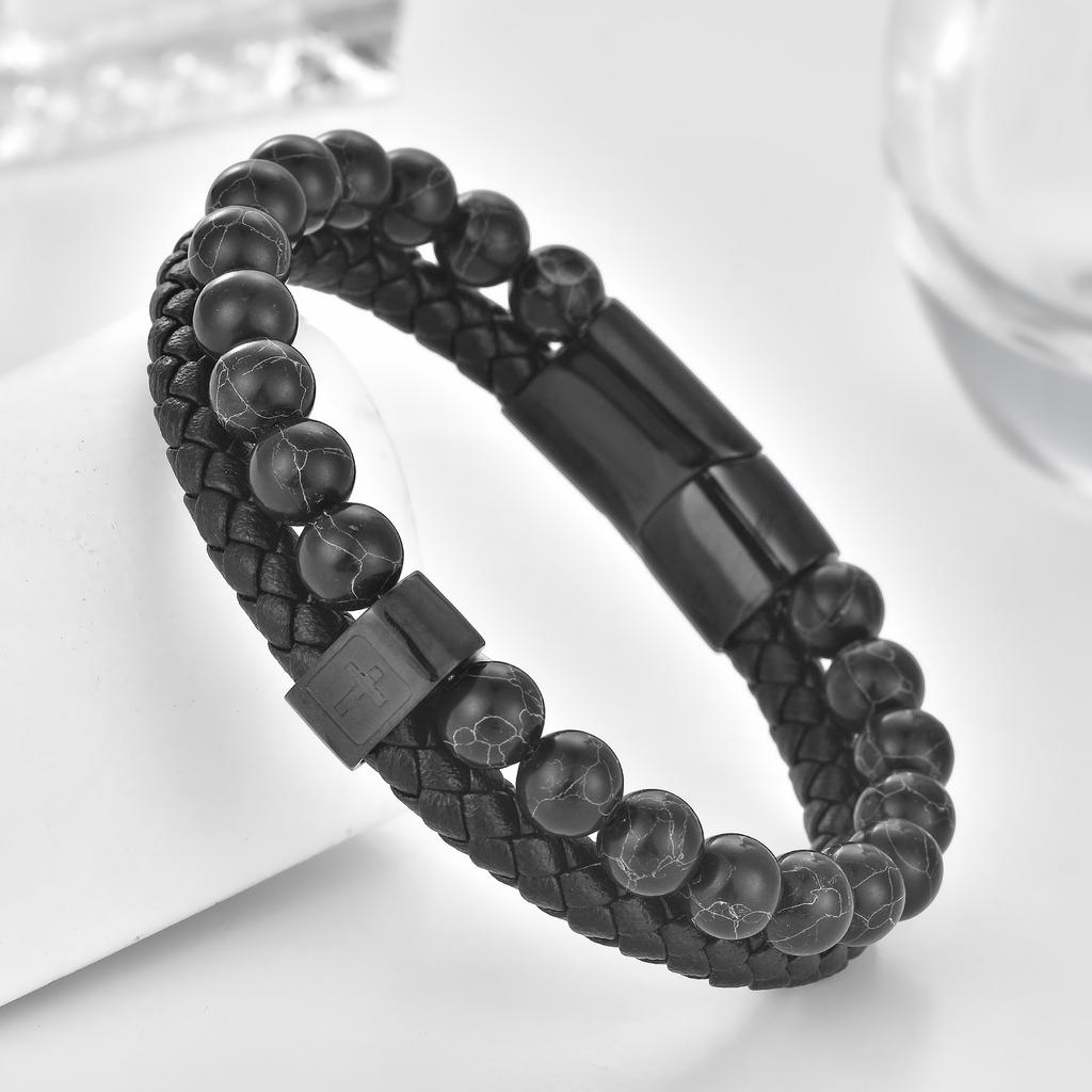 High Quality Stainless Steel Cross Men's Genuine Leather Bracelet Natural Black Stone Beaded Jewelry Anniversary Birthday Gift