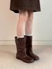 Cowhide Premium Retro Washed Round Head Belt Buckle Flat Bottom Knight Boots Women's Medium Boots Short Boots