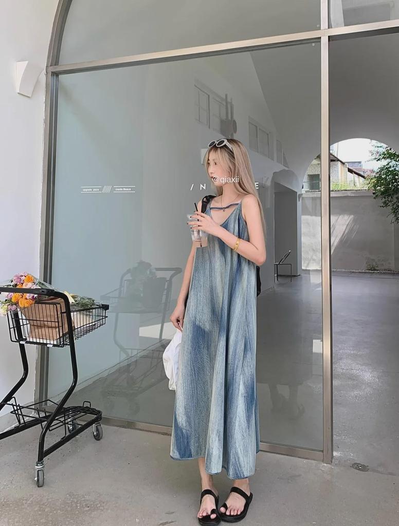 Women's French Tie-Dyed Suspender Dress - Slim and Loose Summer Seaside Beachwear