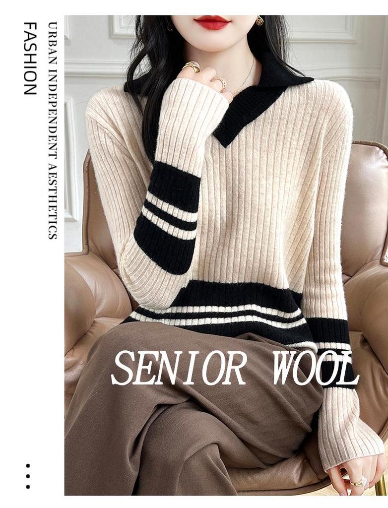 Women's College-Style V-Neck Striped Wool Knit Sweater for Autumn and Winter