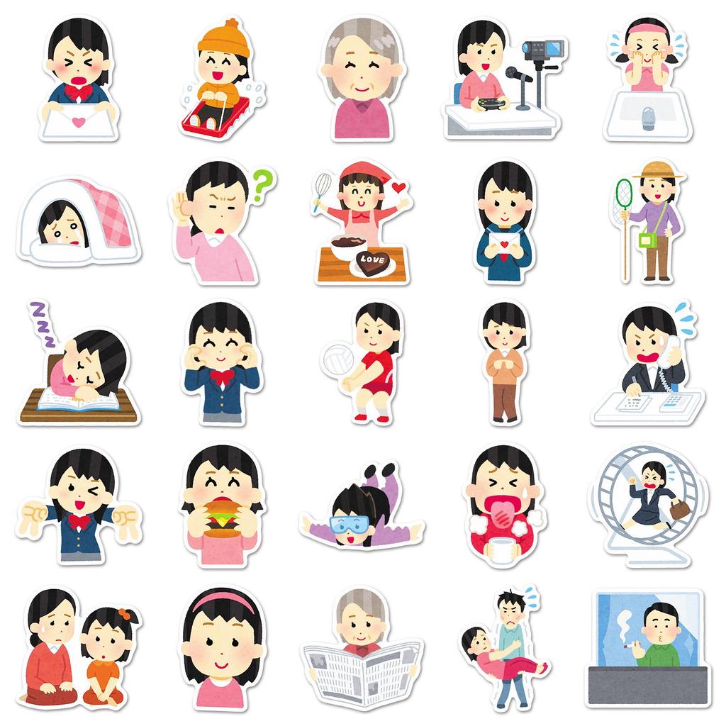 50 Japanese Character Graffiti Stickers - Cute Cartoon Emoticons for Phone, Tablet, Planner, or Sticker Book Decoration