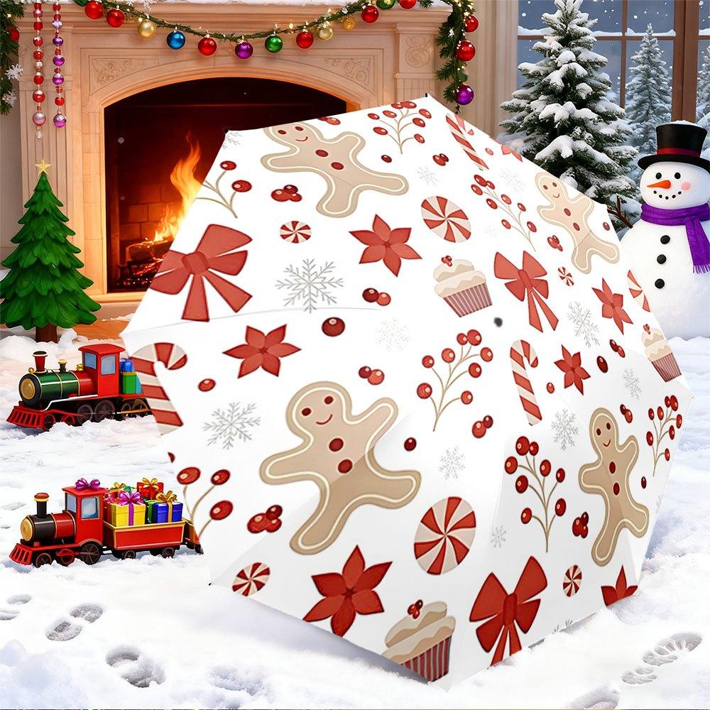 

Open/Close Portable Folding Umbrella with Gingerbread, Candy Cane & Snowflake Patterns - 8-Rib Compact Travel Umbrella, Christ (as the picture,Iron&8K)