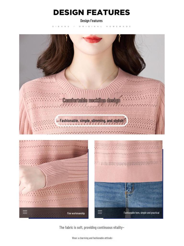 Women's Early Autumn Pink Cutout Knitwear: Gentle Style, Loose Fit, Slimming, Round Neck, Long Sleeve Top.