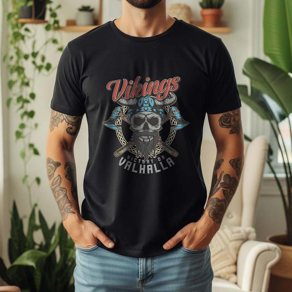 2026 Summer 100 Cotton Vikings Valhalla Graphic Oversized Tee Viking Valhalla Skull Norse Mythology Themed Short Sleeve