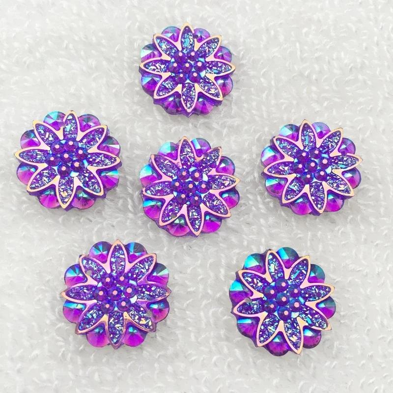 20pcs 18mm Round Flower AB Resin Crystal Strass Applique and  2 Holes Buttons for Diy Clothing - HA27