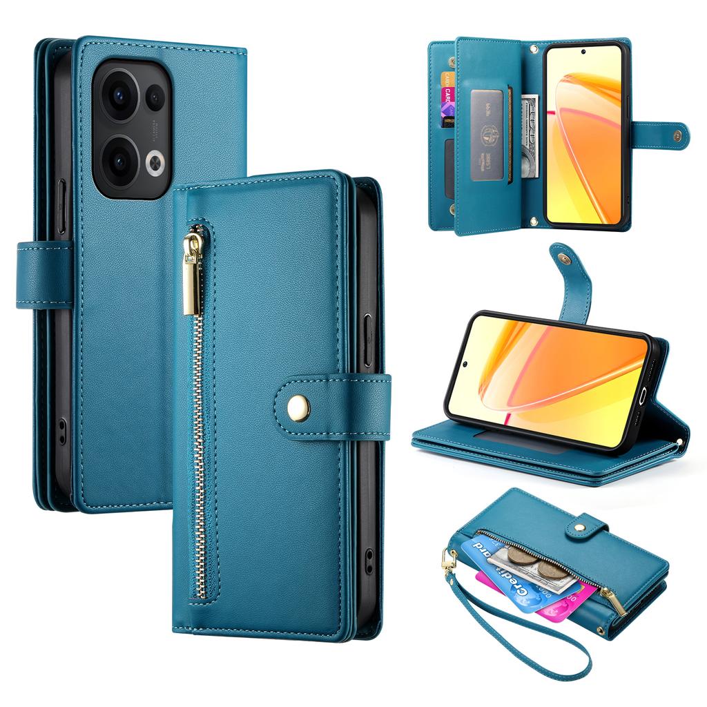 DF-011 For Oppo Reno13 5G (Global) Case Zipper Pocket Wallet Leather Phone Cover with Straps