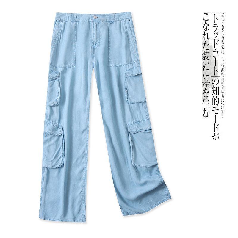 

Tencel Wide-Leg Overalls Spring/Summer New Export Women s Half Elastic Waist Zipper Button Multi-Pocket Slacks 30302 Light blue B- 8-4-2 L