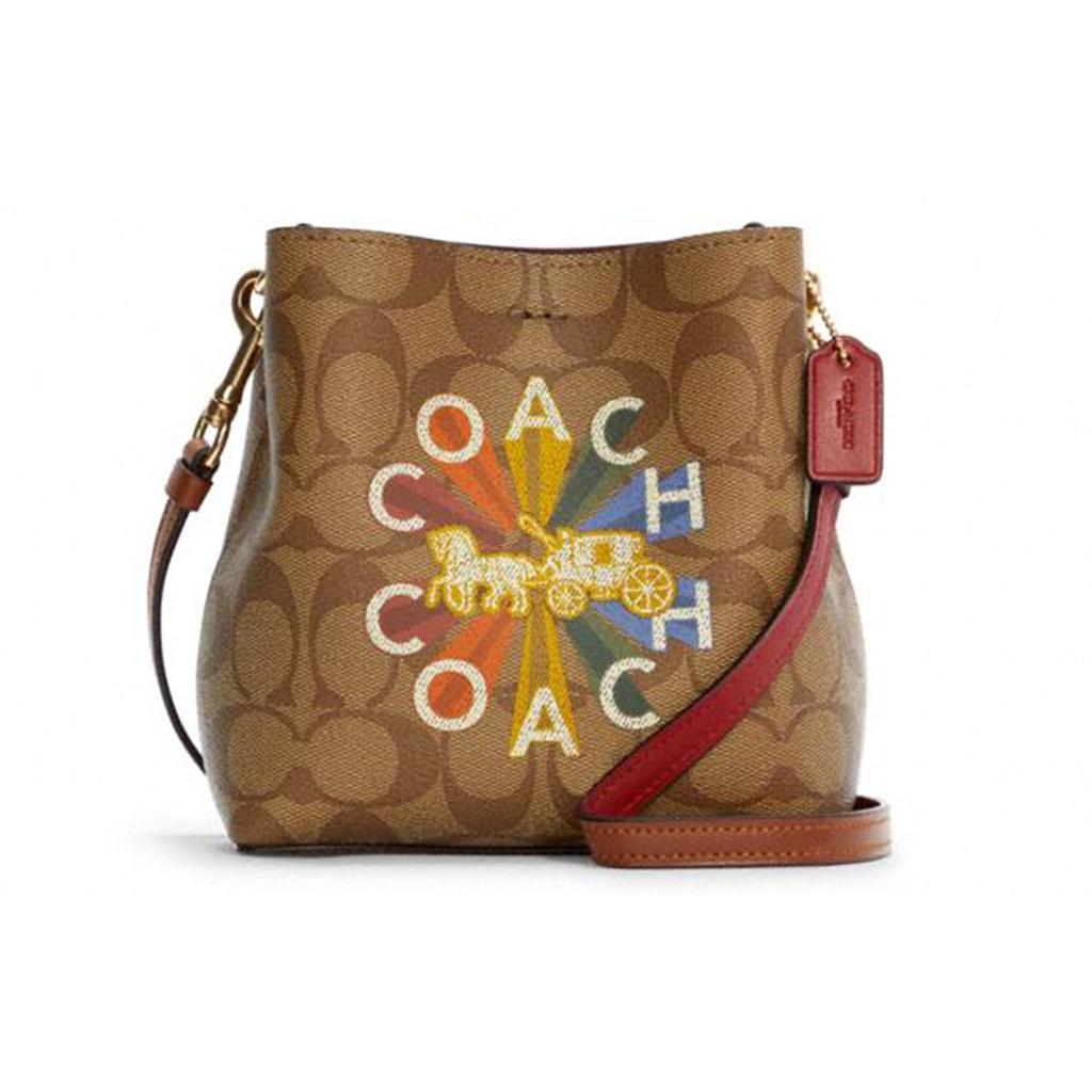 Coach Town 16 Rainbow Logo Print Dark Wood Leather Bucket Bag Women Bags Khaki C6835-IME7V