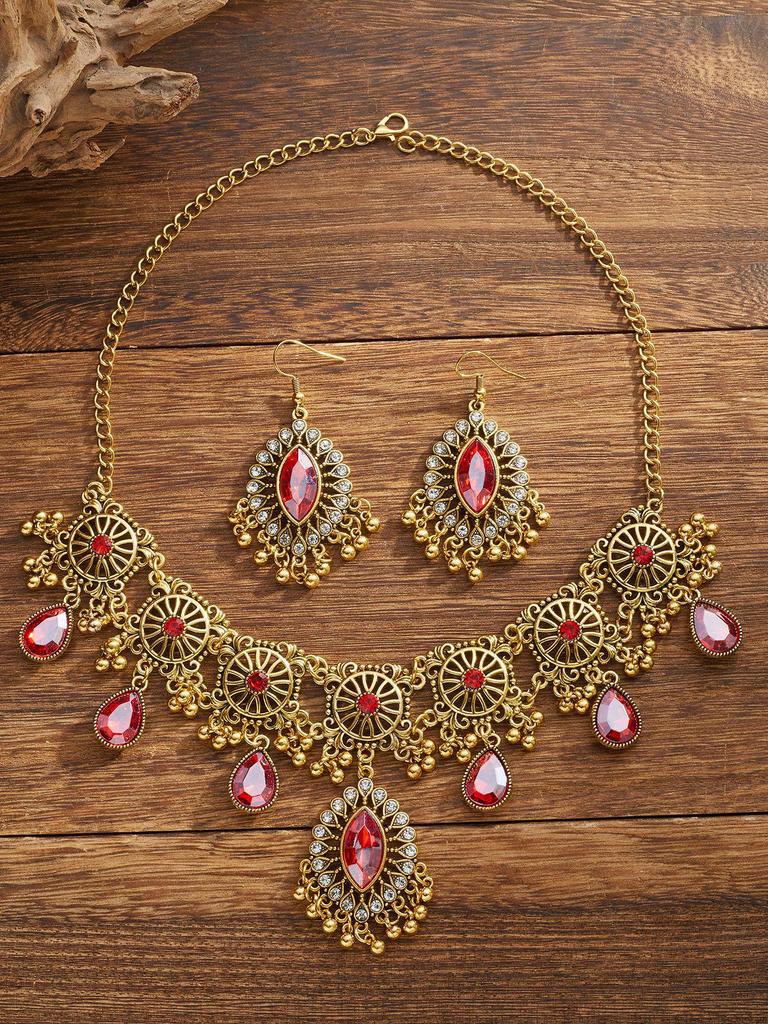 Indian Ethnic Style Gemstone Beaded Jewelry Set - Necklace & Earrings