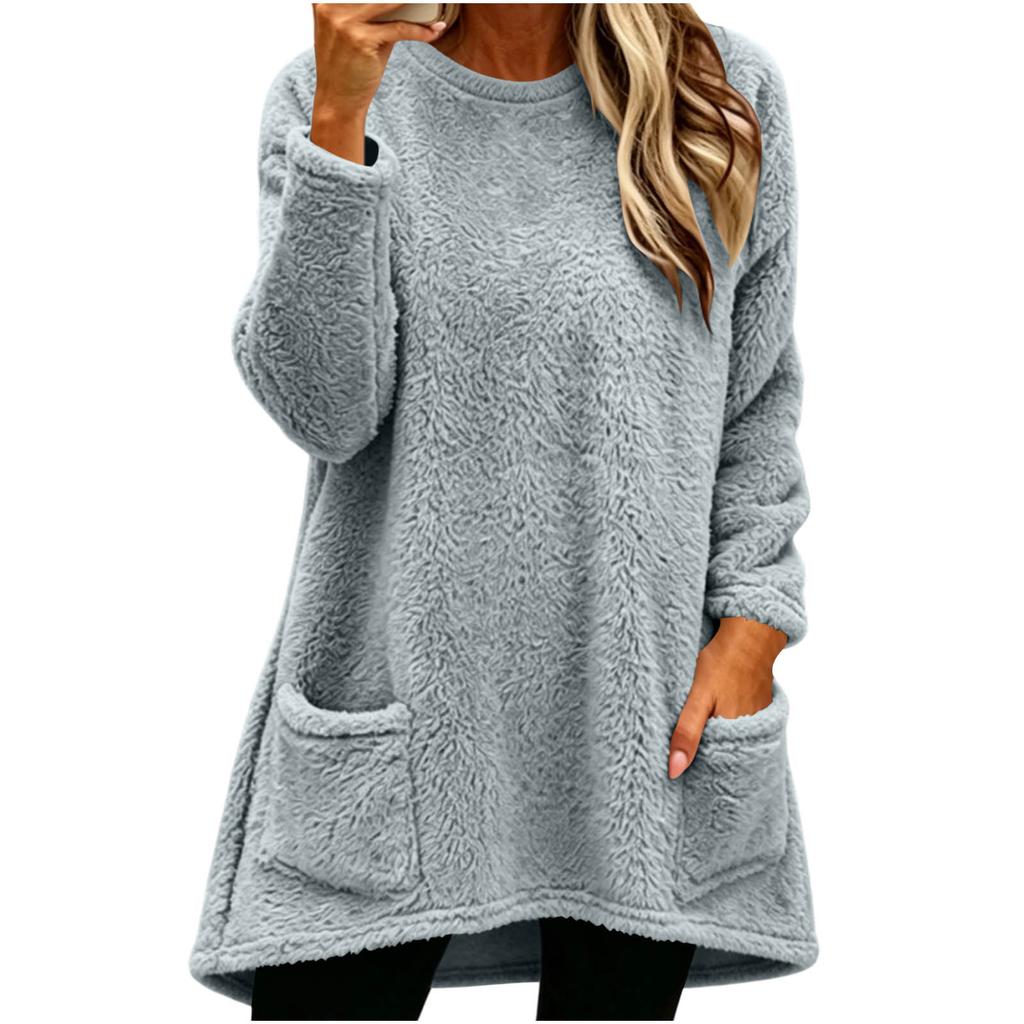 Women's Fashion Long Sleeve Plush Neck Pullover with Pockets, Mid-Length Casual Top