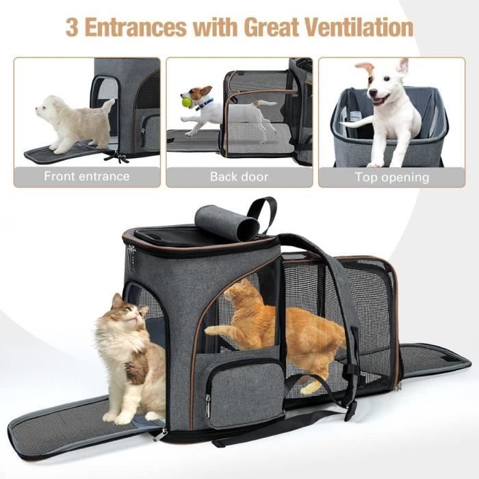 Erweiterbarer Rucksack - lekesky - grau - für Katzen und Hunde bis 10 kg - bequem und langlebig - 3 Eingänge