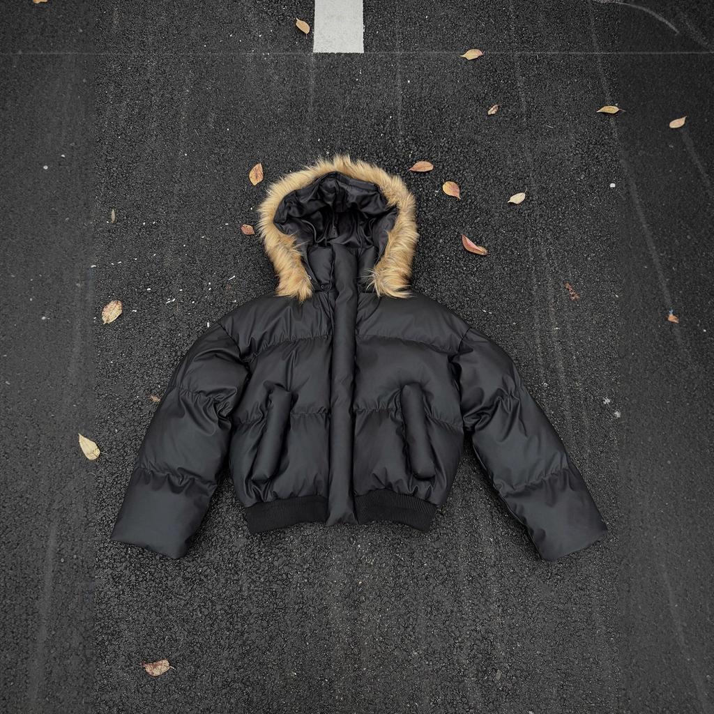 Jachetă puffer pentru bărbați cu glugă și blană artificială, scurtă, de iarnă, groasă, matlasată
