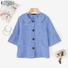 ZANZEA Camicia Casual Estiva da Donna con Colletto a Bambola e Maniche a 3/4 a Quadri