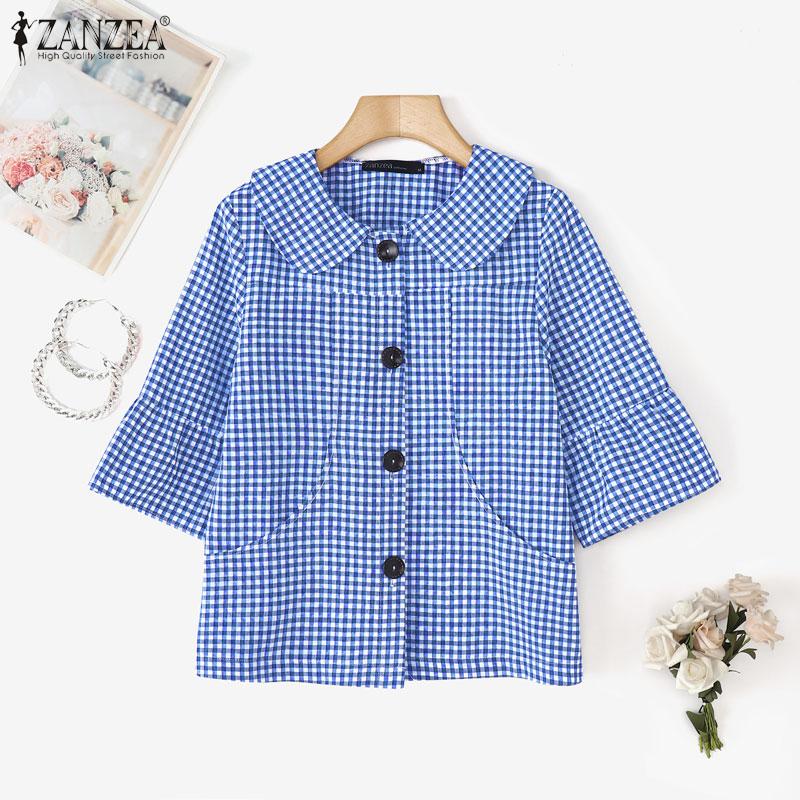 ZANZEA Camicia Casual Estiva da Donna con Colletto a Bambola e Maniche a 3/4 a Quadri