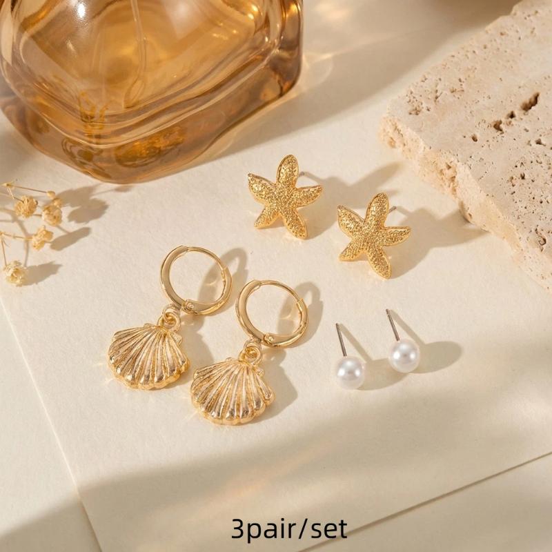 

1 Комплект Бохо Серьги-кольца с Морской Звездой и Ракушкой для Женщин Имитация Жемчуга Металл Геометрические Серьги Девочка Пляжная Вечеринка Украшения A8