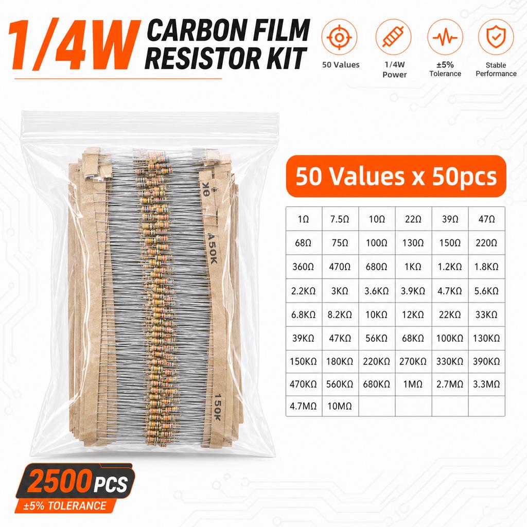 Carbon Film Resistor Kit 1/8W 1/4W 1/2W 1W 2W 3W 5W 5% 4 Band Through Hole Axial Lead Resistor DIY Electronic Components