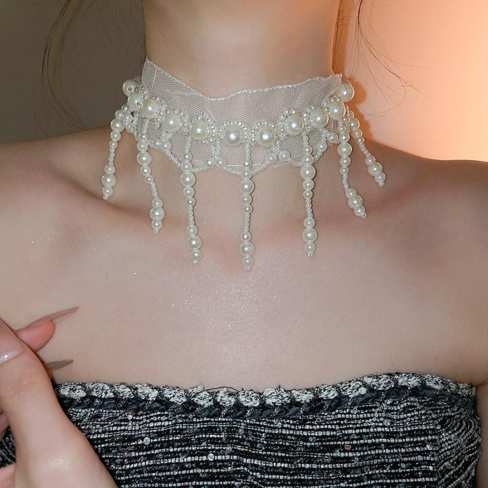 Creative Pearl Lace Choker White Mesh Neck Jewelry Personalized Tassel Beads Necklace  Accessories