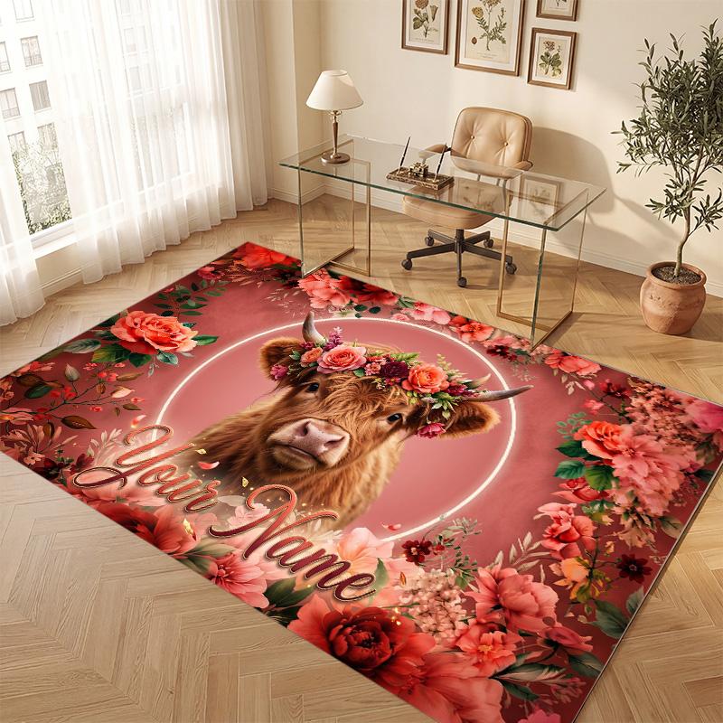 Highland Cow Theme Soft Crystal Velvet Rug Custom Name & Text Print Non Slip Floor Rug for Bedroom Living Room