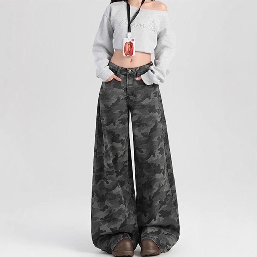 Retro Camouflage High-Waist Wide-Leg Jeans for Women - Slimming Floor-Length Workwear Pants for Autumn/Spring.