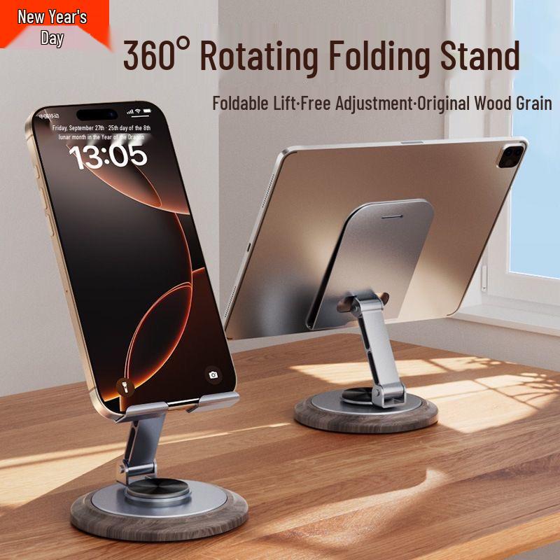 360° Rotatable & Foldable Phone Stand with Metal Wood Grain Base for Comfortable Viewing