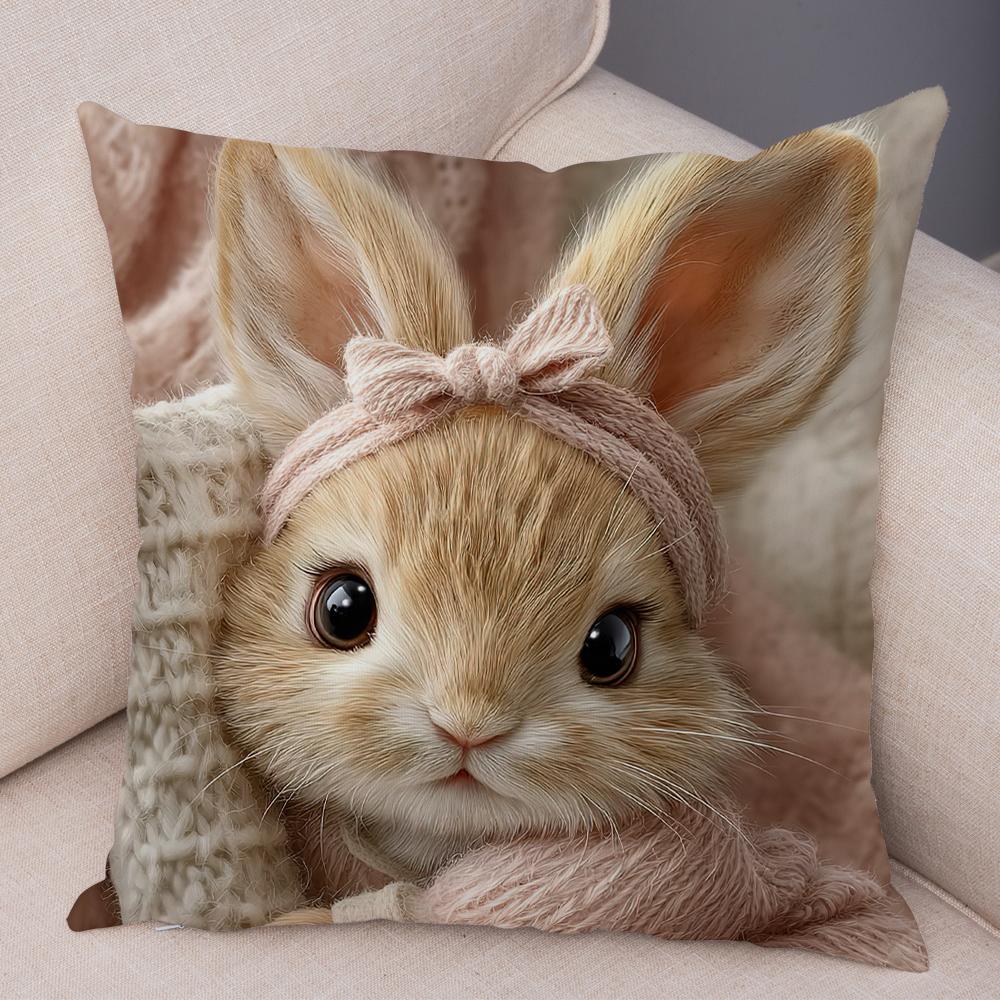 Realistic Cute Fluffy Bunny Print Throw Pillow Cover Soft Gentle Skin Touch Warm Tone Sofa Bedroom Home Decor Present