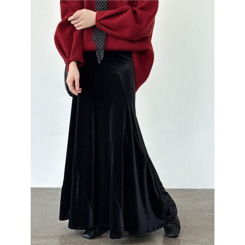 Johnature Fustă plisată de catifea în stil coreean pentru femei, toamnă, casual, universală, largă, cu talie înaltă, fuste lungi