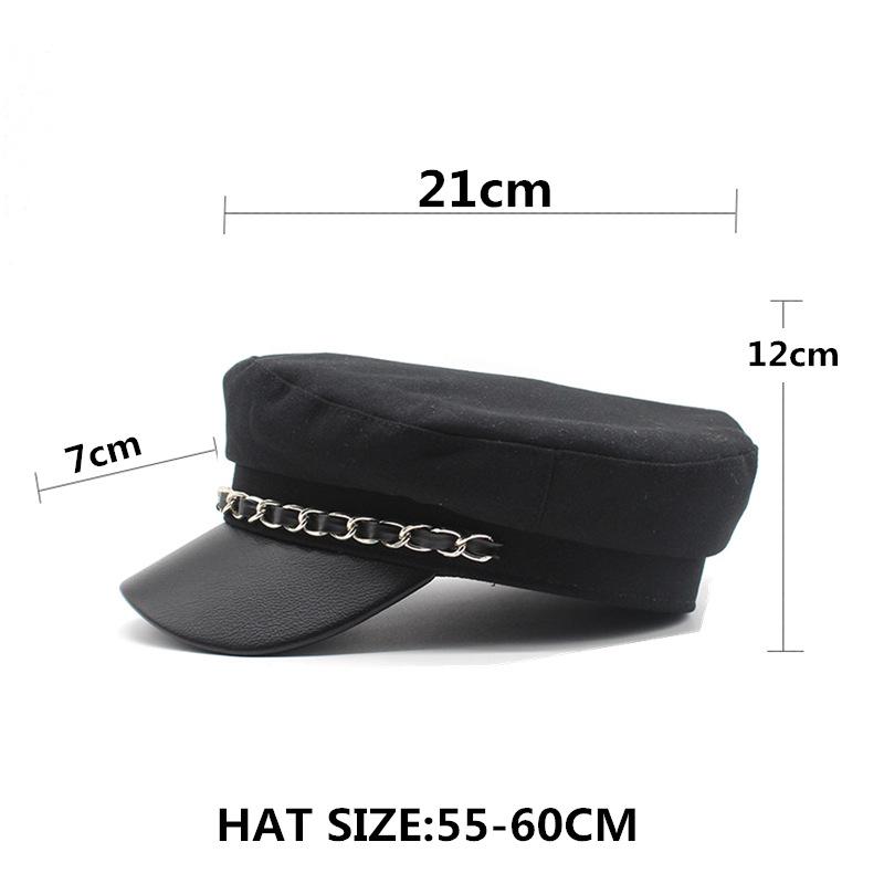 Pu Woolen Chain Flat Top Hat Season Male And Female Couples Student Hat Trendy Hat Navy Hat Beret