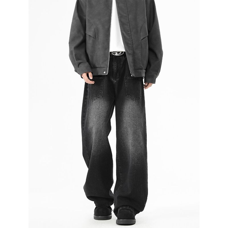 Wassup Trendy Retro Washed Distressed Jeans for Men, Loose Fit, Cool Gradient Color Casual Wide-Leg Straight Pants