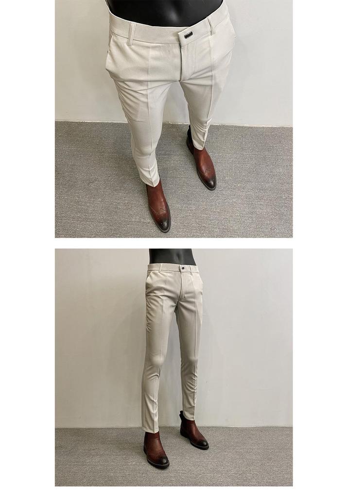 Men's Slim Fit Elastic Straight Leg Korean Style Cropped Business Casual Pants