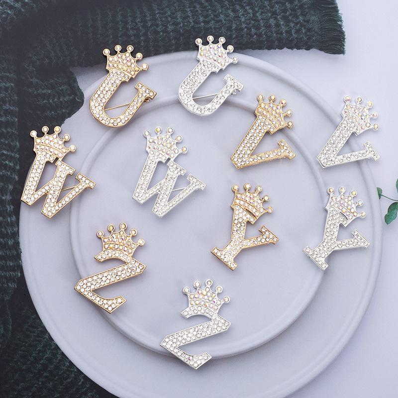 Fashion Crown 26 Initial Letters A To Z Rhinestone Brooches For Women Coat Dress Lapel Collar Pin Jewelry Accessries