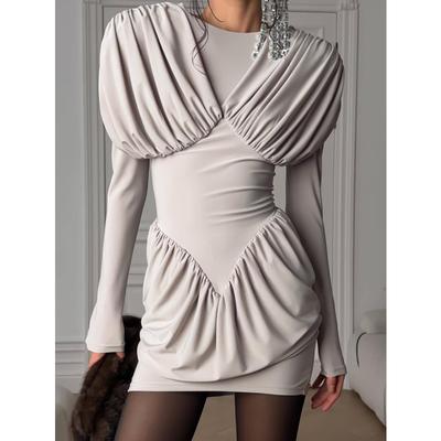 Design Women's Clothing Pullover Long Sleeve Pleated Fluffy Short Dress Temperament Waist Short Skirt