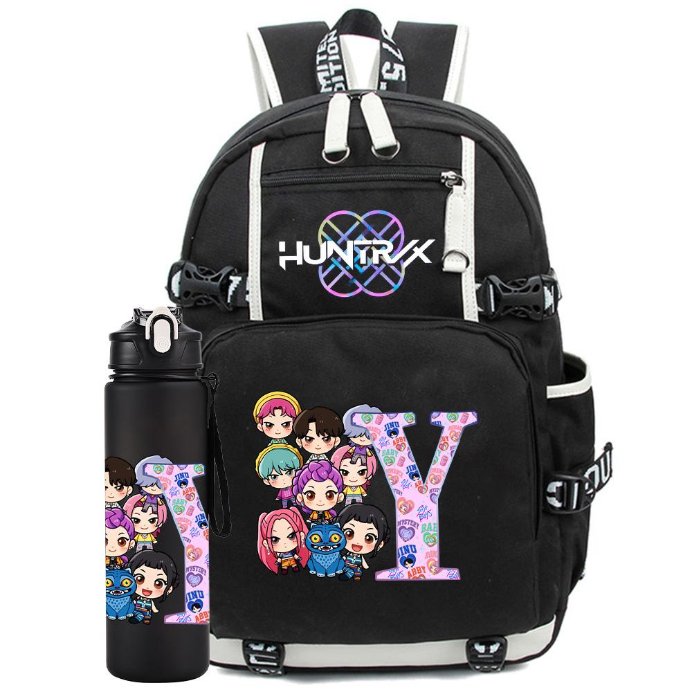 2 Stück/Set 26 Englische Buchstaben K-Pop Aufdruck Rucksack mit 750ml Wasserflasche für Teenager Schüler Mädchen Junge Schultasche Kinder Geschenk Große Kapazität Reisetasche