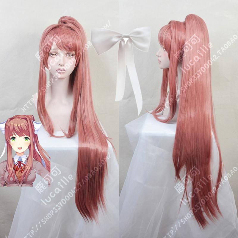 Hoge Kwaliteit Doki Doki Literature Club! Monika Cosplay Pruik DDLC Afneembare Paardenstaart Lang Hittebestendig Haar Pruiken + Pruikkap + Strik One Size gray