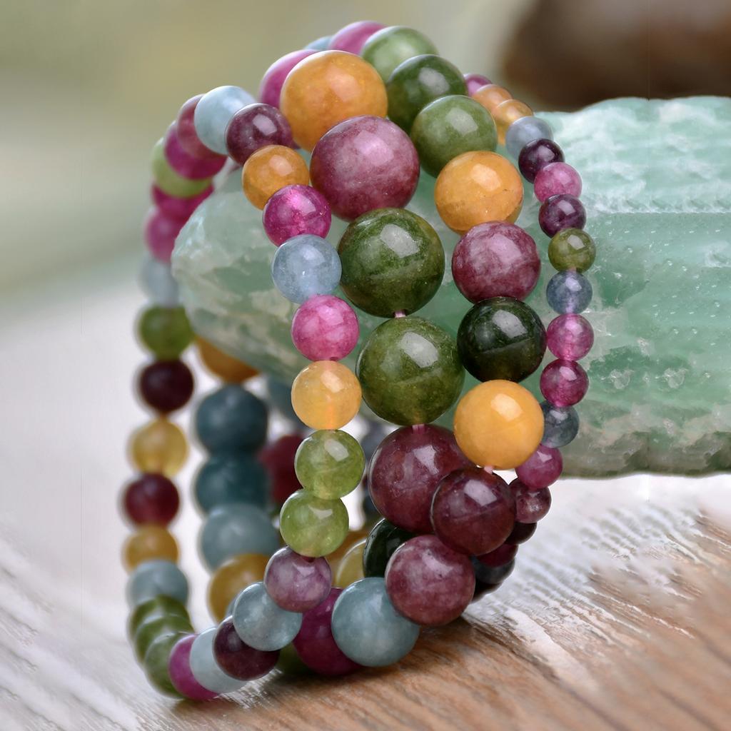Bohemian Natural Stone Colorful Stone 4-10mm Elastic Bracelet Women's Sweet Trendy Vacation Handmade Zircon