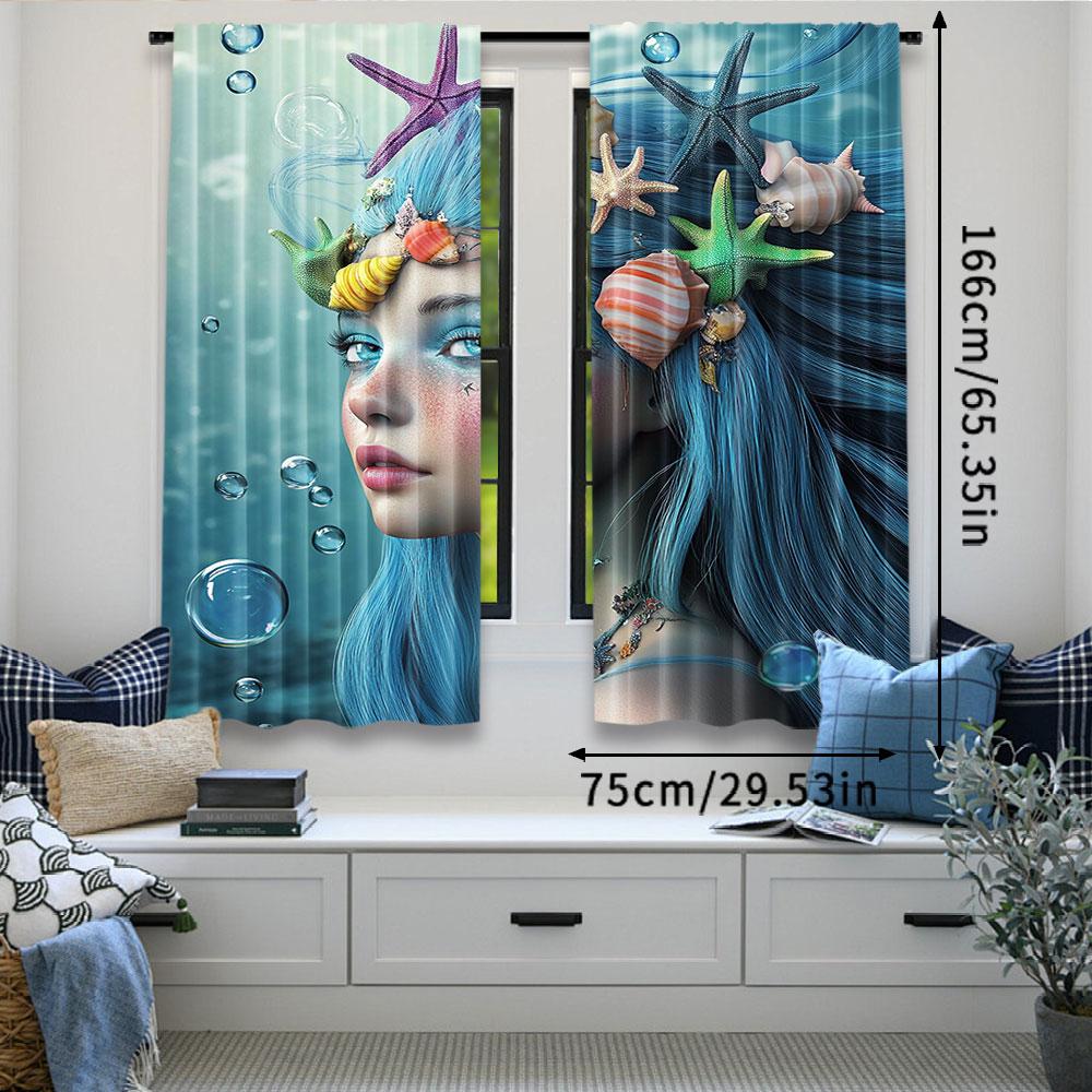 2Pcs Mermaid Curtain Woman Underwater Themed Make Up Hairstyle Starfishes Seashells Bubbles For Bedroom Living Room And Dining