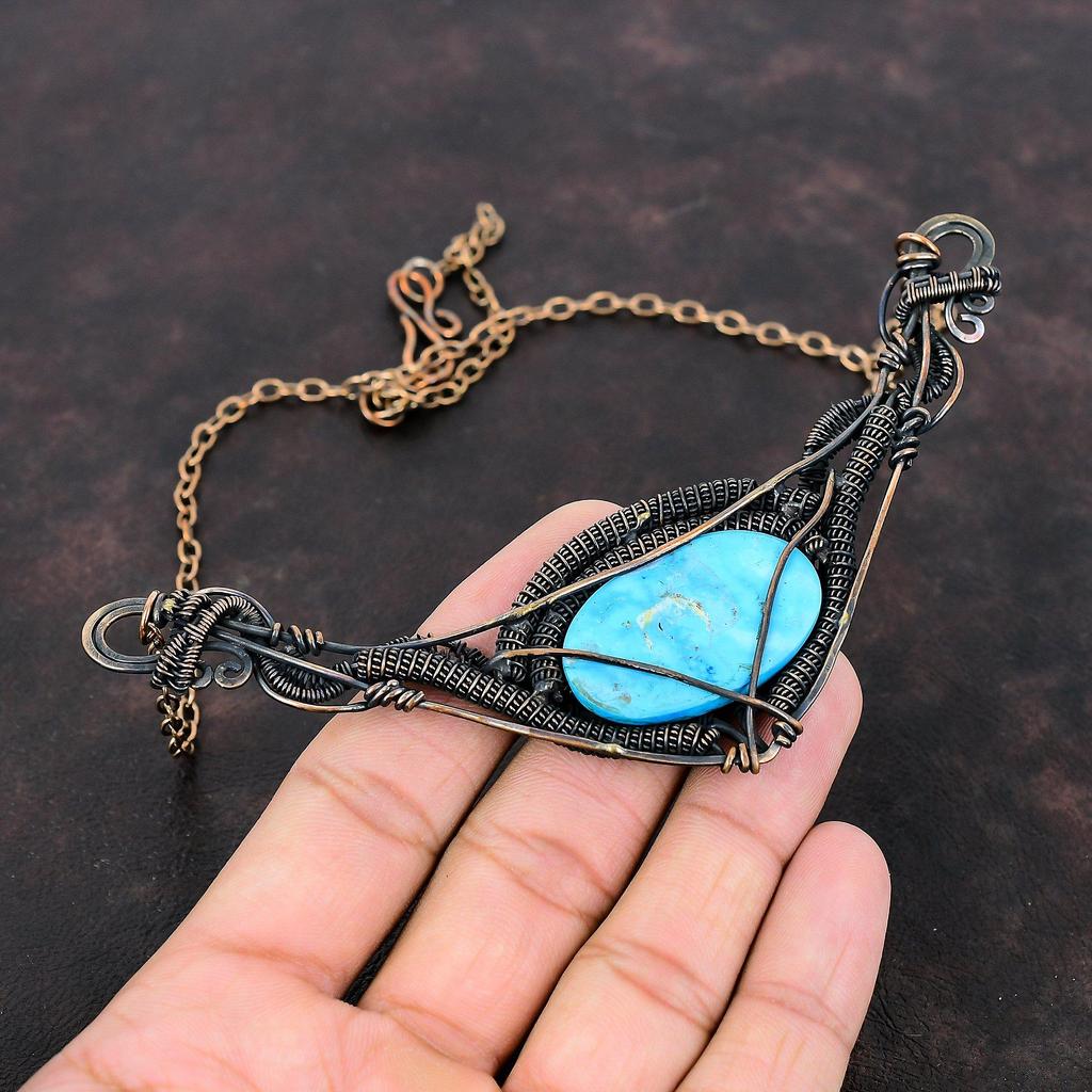 Arizona Turquoise Gemstone Necklace Copper Wire Wrapped Necklace Adjustable Chain Necklace Copper Jewelry Handmade Necklace Anniversary Gift