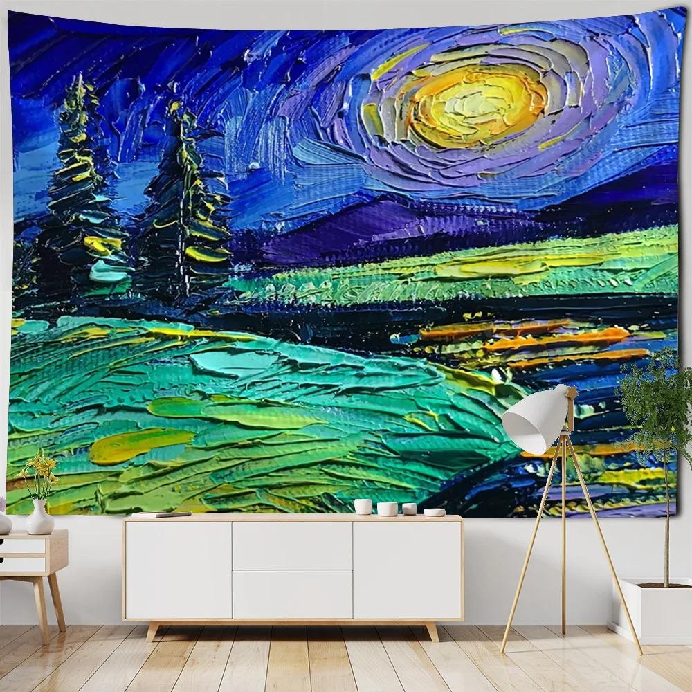 Bedroom living room fabric wall hanging tapestry Van Gogh landscape oil painting print wall hanging room art decoration